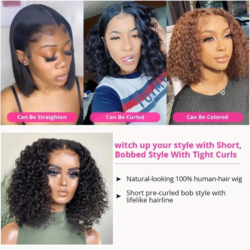 Short Bob Hair Wig Human Hair Brazilian Curly Transparent 13x4 HD Deep Wave Lace Frontal Wigs For Black Women 4x4 Closure Wig