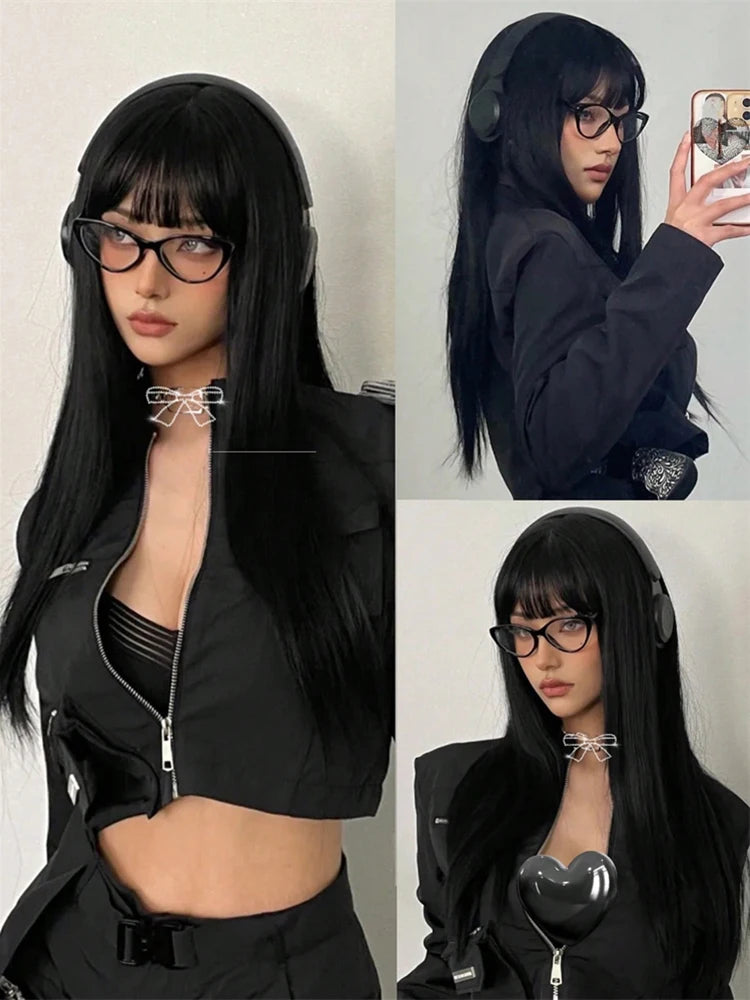 EASIHAIR Long Silky Straight Synthetic Wigs with Bangs Black Cosplay Party Lolita Hair Wigs for Women Natural Heat Resistant Wig