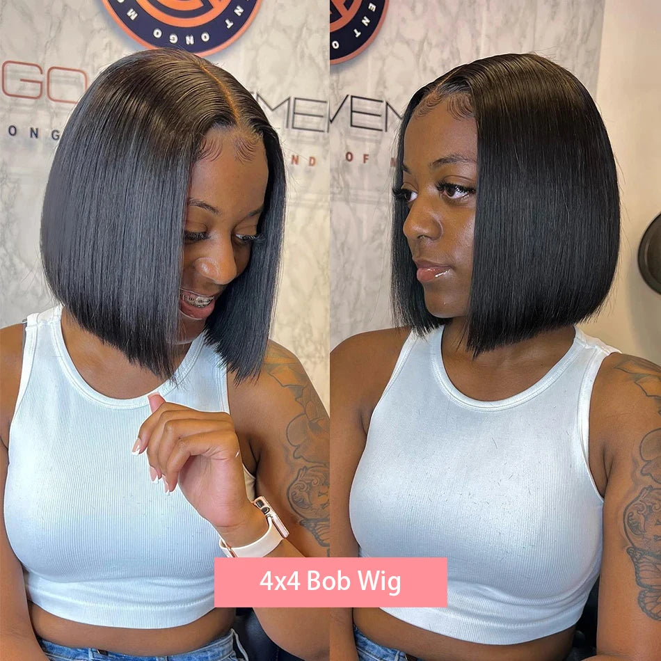 13x4 Straight Lace Frontal Bob Wig Pre Plucked 4x4 Human Hair Wigs Brazilian Remy Bone Straight Short Bob Wig For Women 14 Inch