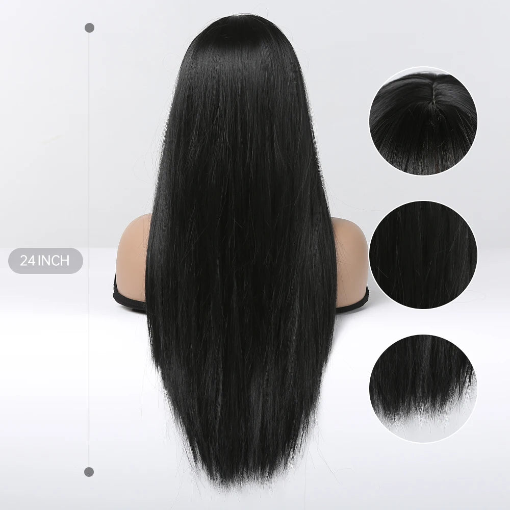 EASIHAIR Long Silky Straight Synthetic Wigs with Bangs Black Cosplay Party Lolita Hair Wigs for Women Natural Heat Resistant Wig