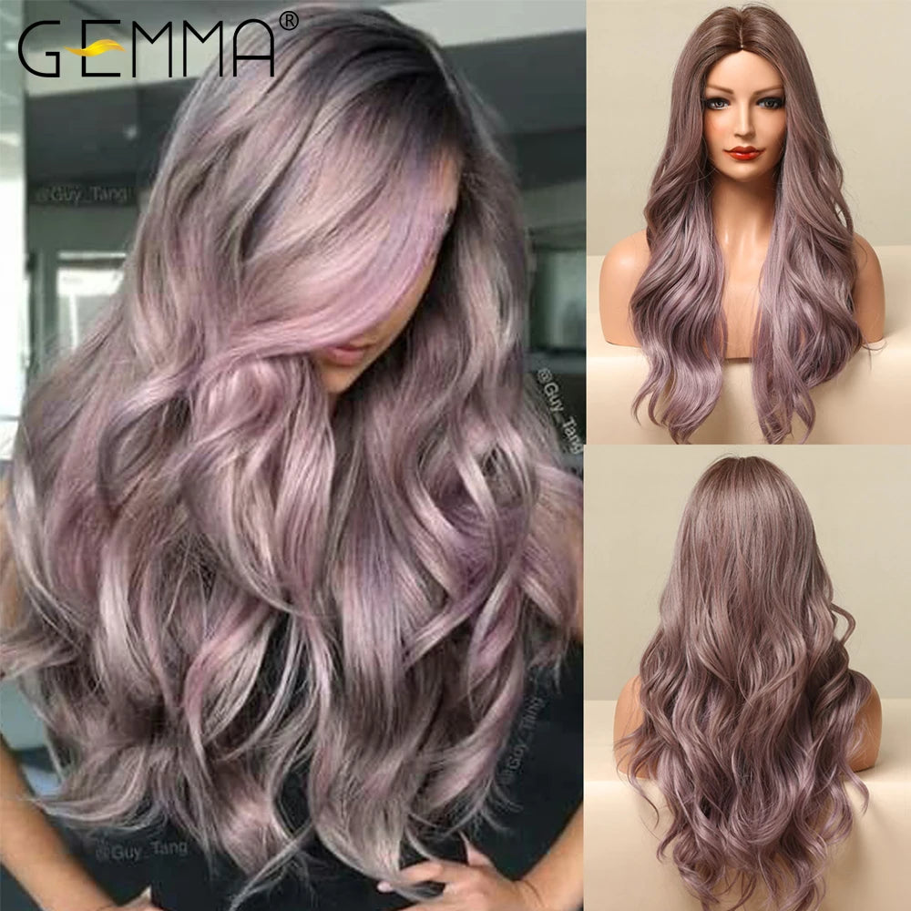 GEMMA Ombre Brown Blonde Long Straight Synthetic Wigs with Bangs Cosplay Wig for Women High Temperature Natural Fake Hair