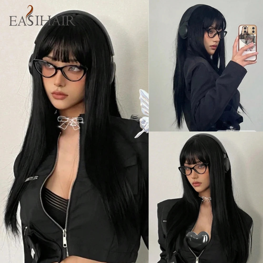 EASIHAIR Long Silky Straight Synthetic Wigs with Bangs Black Cosplay Party Lolita Hair Wigs for Women Natural Heat Resistant Wig