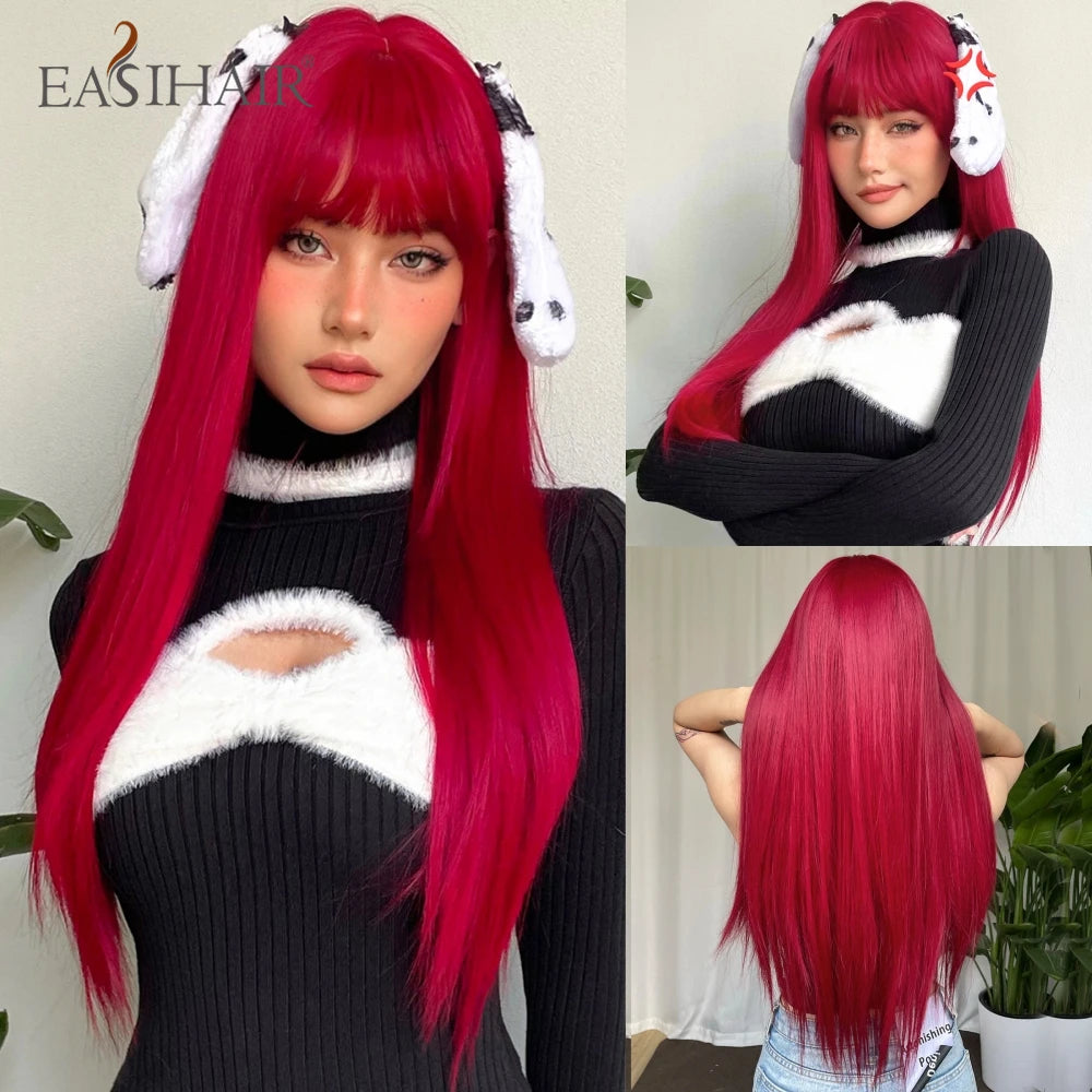 EASIHAIR Long Silky Straight Synthetic Wigs with Bangs Black Cosplay Party Lolita Hair Wigs for Women Natural Heat Resistant Wig