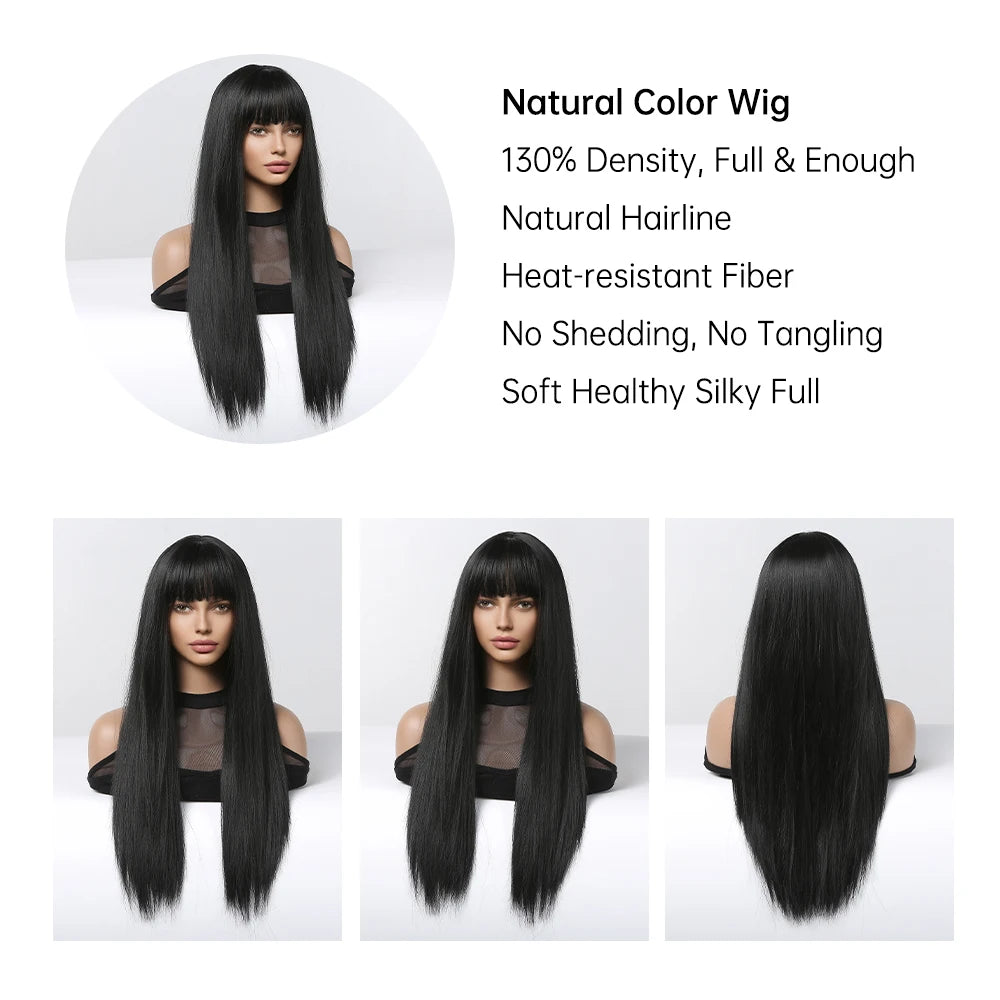 EASIHAIR Long Silky Straight Synthetic Wigs with Bangs Black Cosplay Party Lolita Hair Wigs for Women Natural Heat Resistant Wig