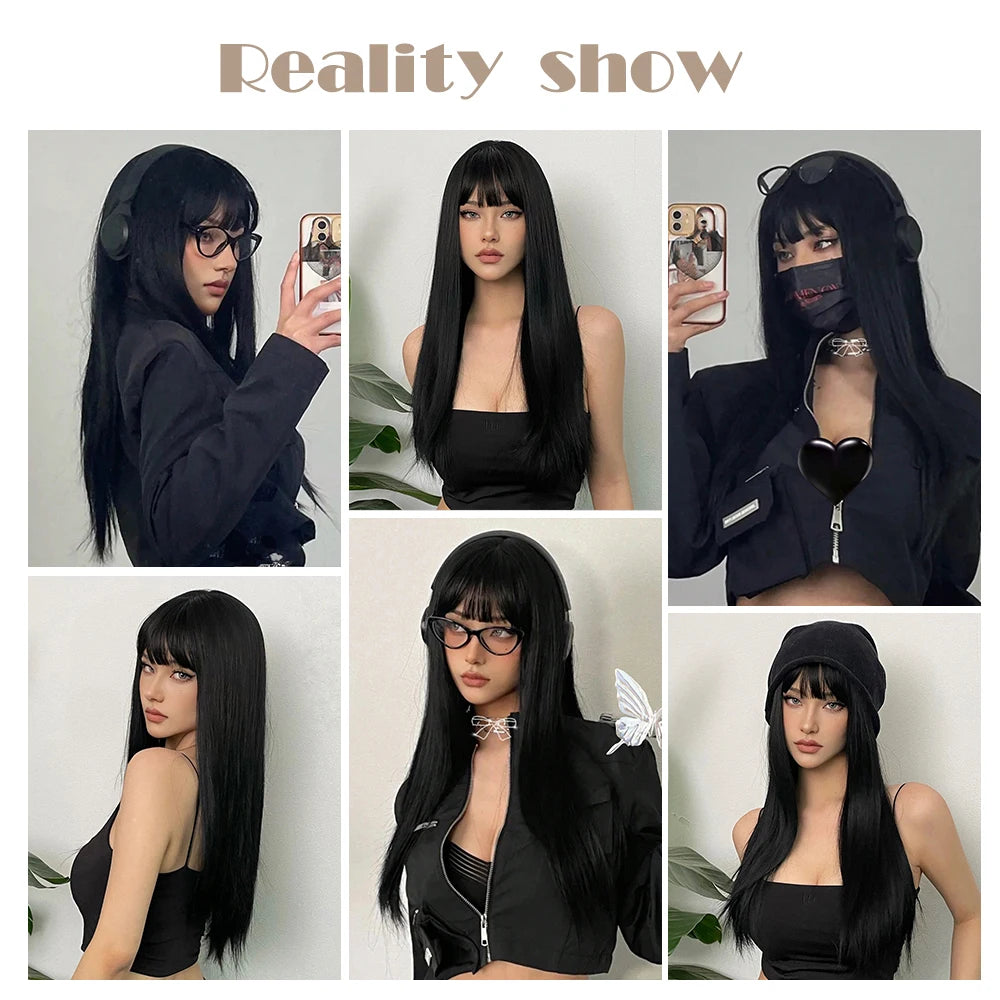 EASIHAIR Long Silky Straight Synthetic Wigs with Bangs Black Cosplay Party Lolita Hair Wigs for Women Natural Heat Resistant Wig